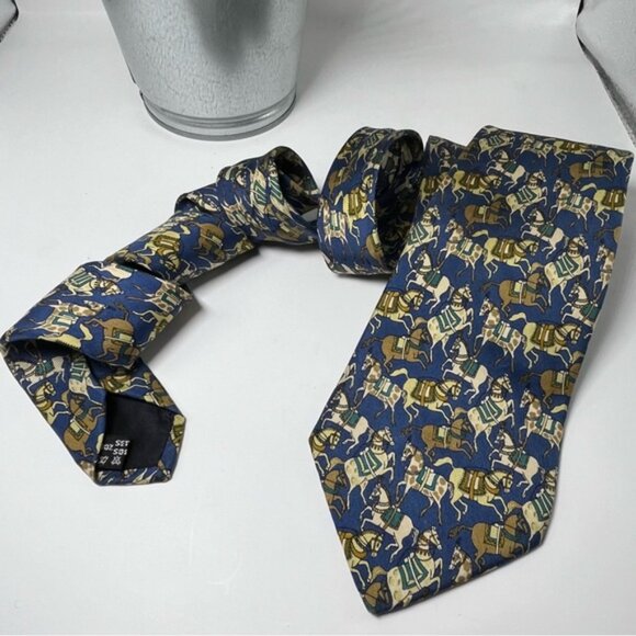 Salvatore Ferragamo Men’s Silk Neck Tie Blue with Tan and Brown Horses - Picture 6 of 6